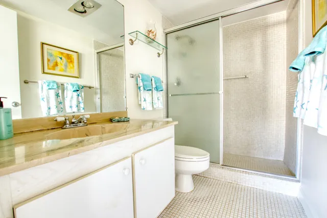 a bathroom with a granite countertop sink a toilet a shower and a mirror