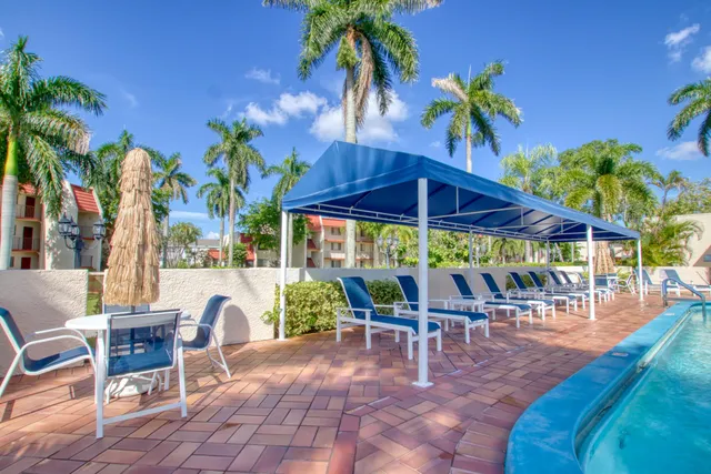 a view of a patio with a table and chairs under an umbrella with potted plants