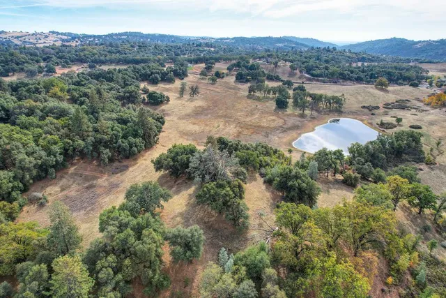 an aerial view of lake residential house and green space
