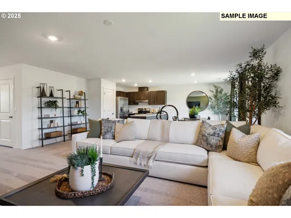 a living room with furniture kitchen view and a potted plant