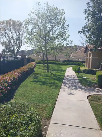 a view of a park with large trees