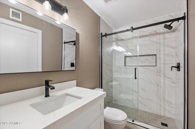 a bathroom with a shower sink vanity mirror and toilet