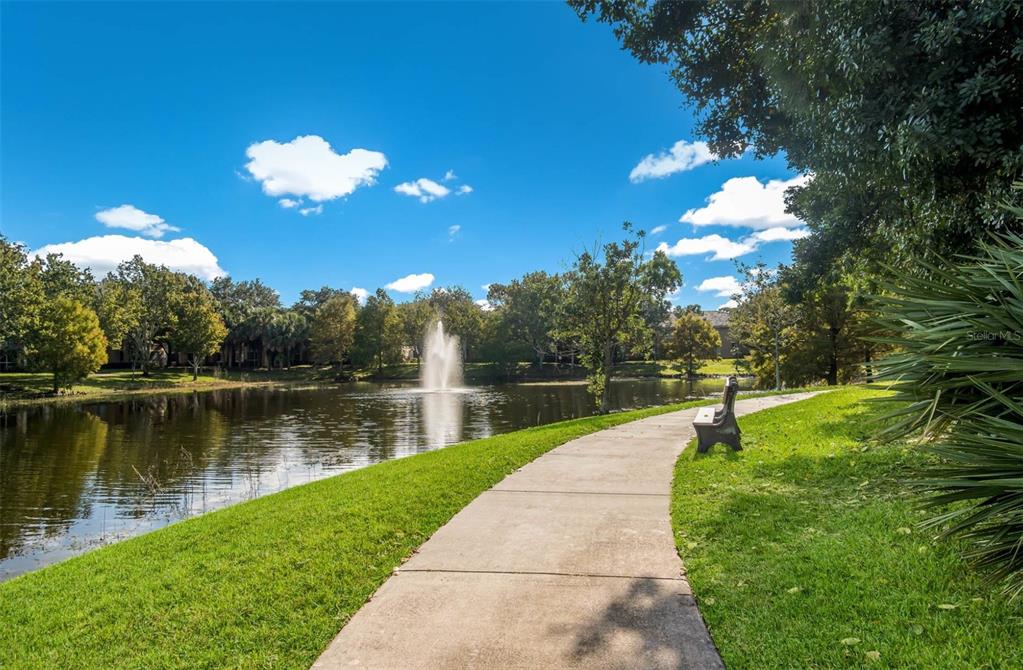 a view of a lake with a garden