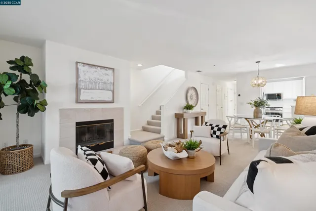 a living room with furniture potted plant and a fireplace