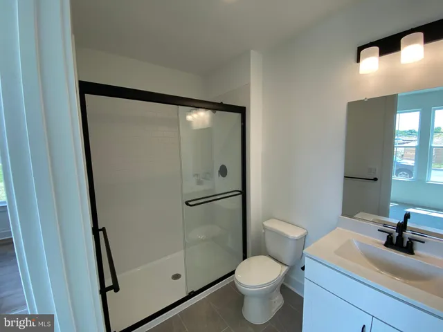 a bathroom with a sink a toilet a mirror and shower