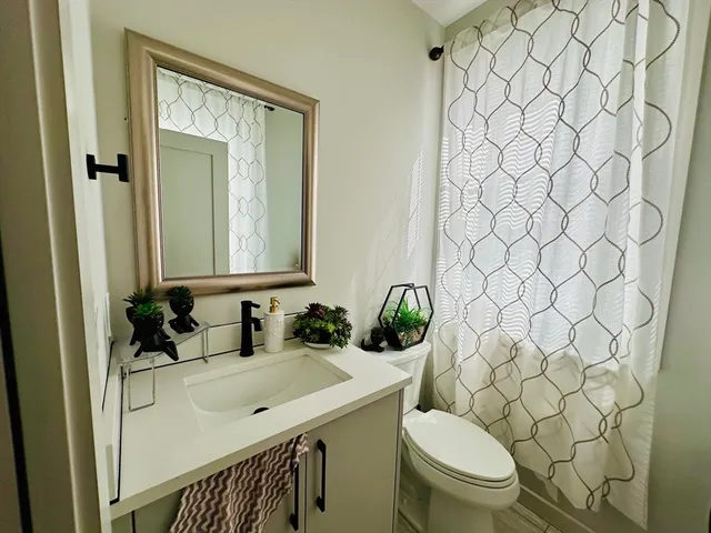 a bathroom with a sink toilet and mirror