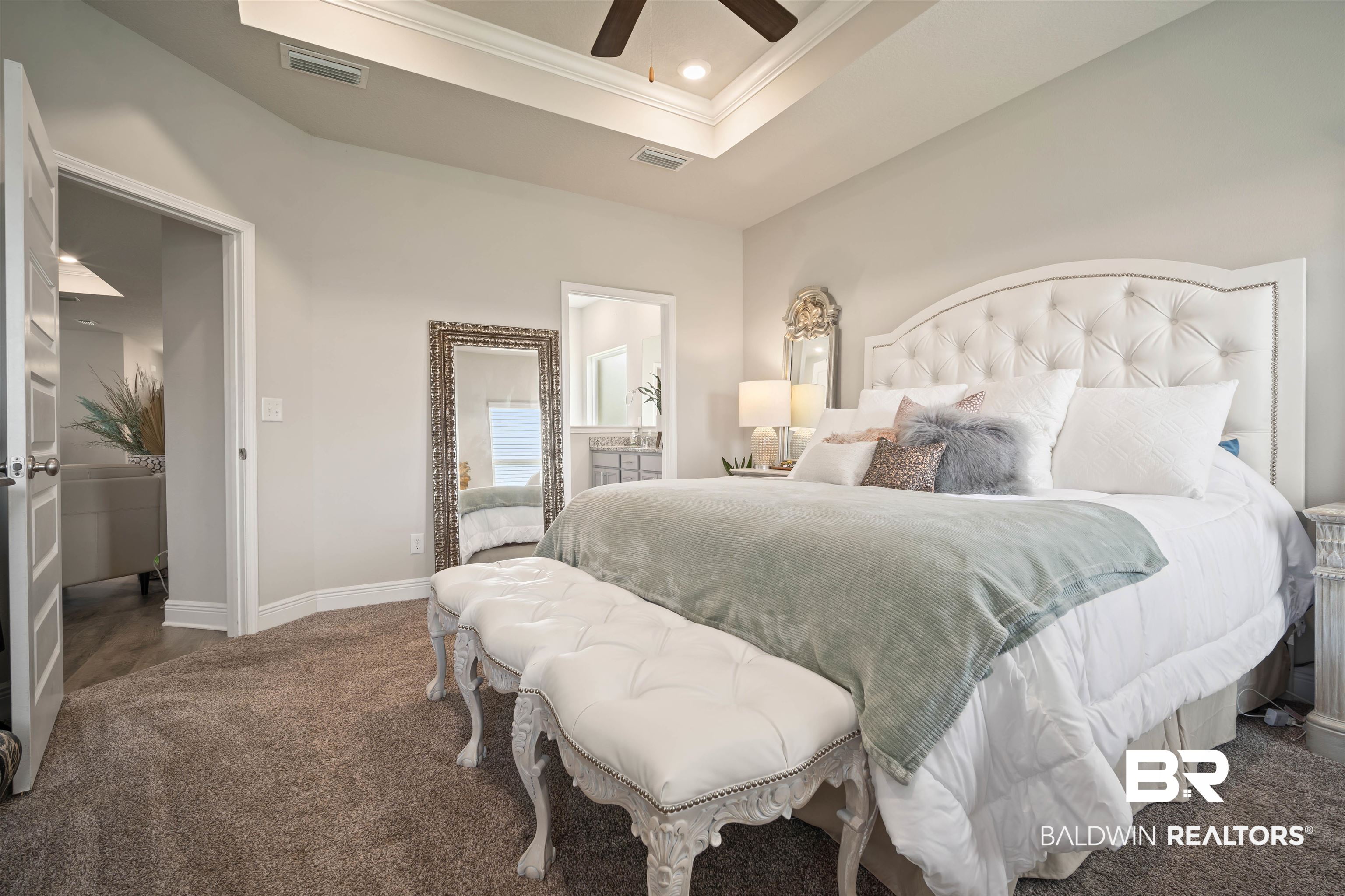 10474 Loamy Avenue Mobile, AL 36695 - Photo 14 of 31 Bedroom with a raised ceiling, ornamental molding, carpet floors, recessed lighting, and ceiling fan