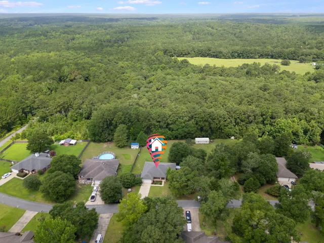 an aerial view of residential house with green space