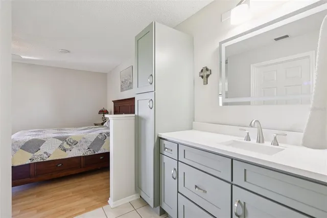 a bathroom with a sink and a mirror