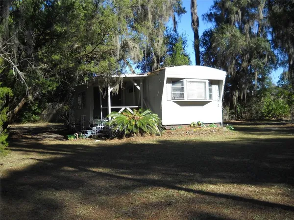 a view of a yard with large trees