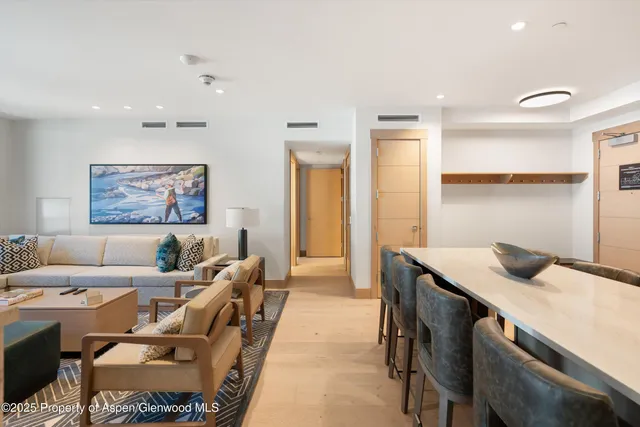 a view of a dining room with furniture