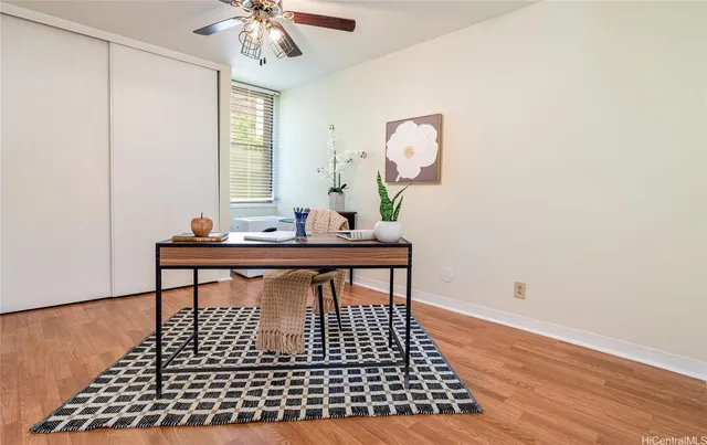 a view of a dining room with furniture