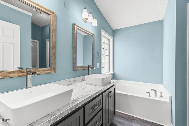 a bathroom with a granite countertop tub sink and mirror
