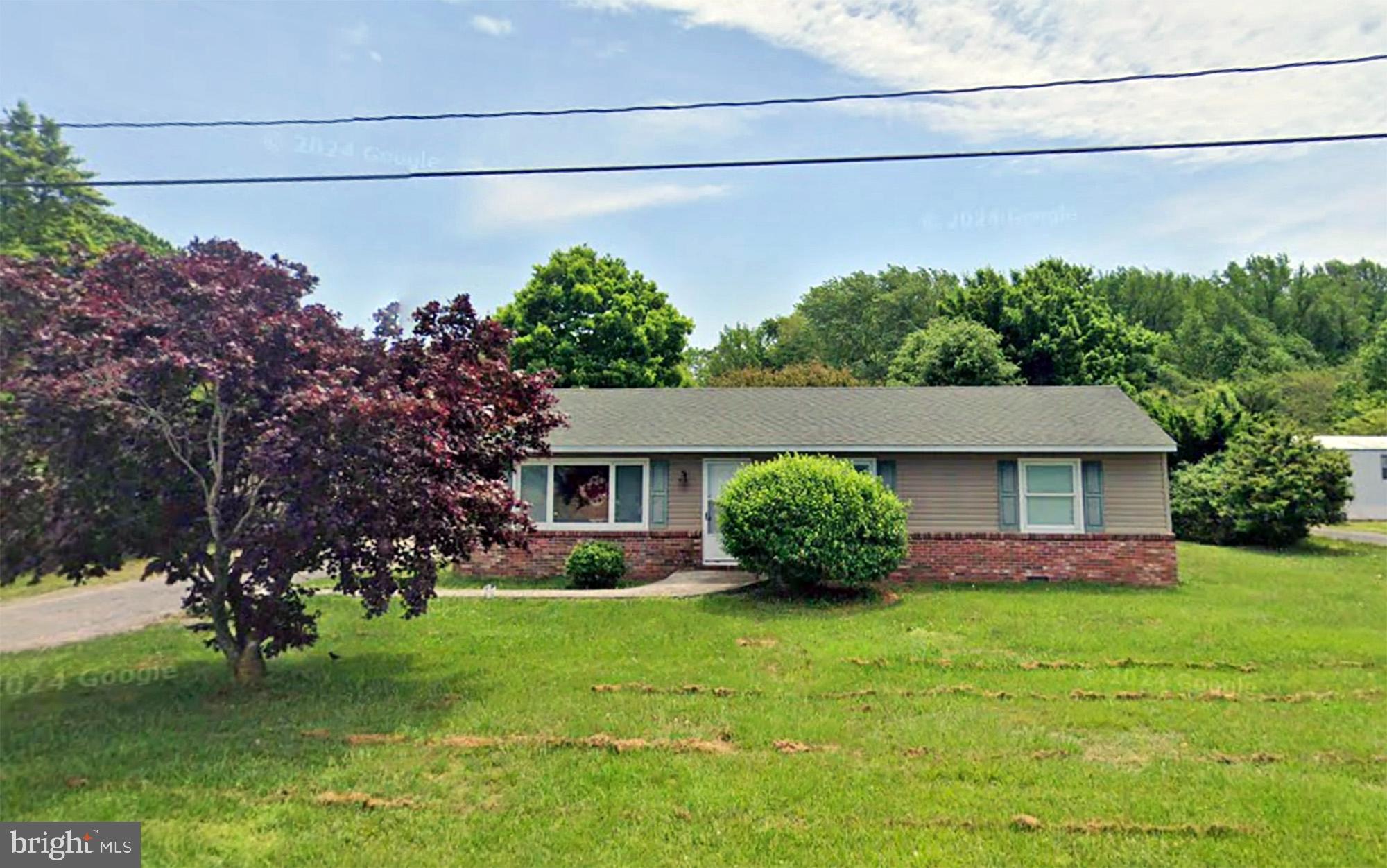 a view of house with a big yard potted plants and large tree
