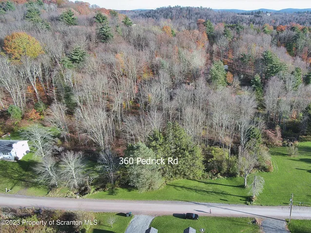 an aerial view of residential houses with outdoor space and trees