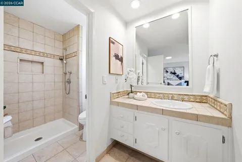 a bathroom with a shower sink vanity and mirror