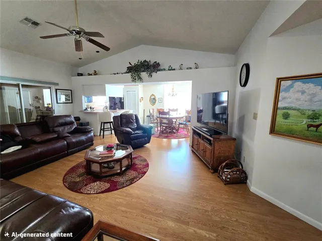 a living room with furniture kitchen view and a window
