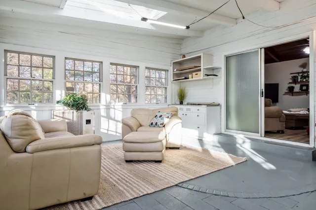 a living room with furniture and potted plants