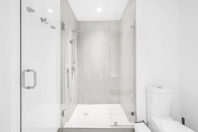 a bathroom with a shower and a toilet