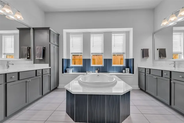 a bathroom with a sink double vanity granite tub shower and a mirror