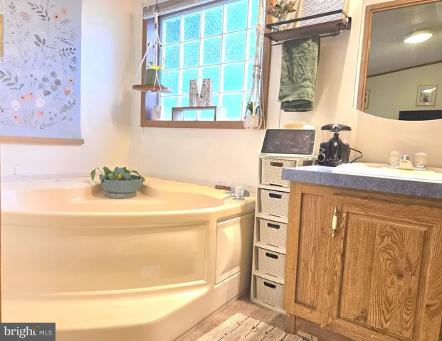 a bathroom with a tub sink and mirror