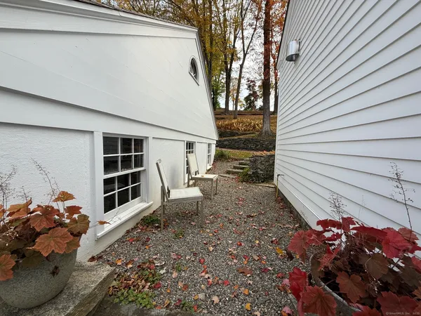 a view of a chair and potted plants in the back yard