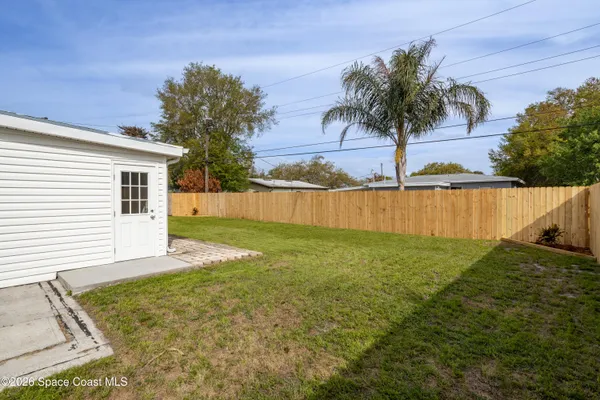 a view of a backyard with a tree