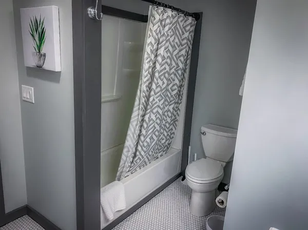a white toilet sitting next to a shower curtain
