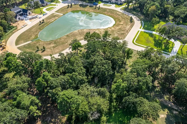 an aerial view of a swimming pool