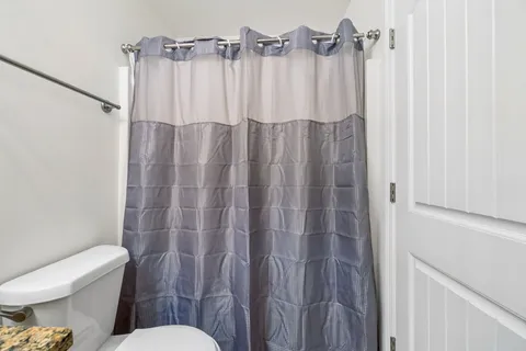 a white toilet sitting next to a shower curtain