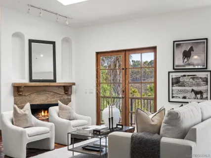 a living room with furniture a fireplace and a floor to ceiling window