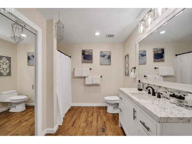 a bathroom with a sink toilet a mirror and vanity