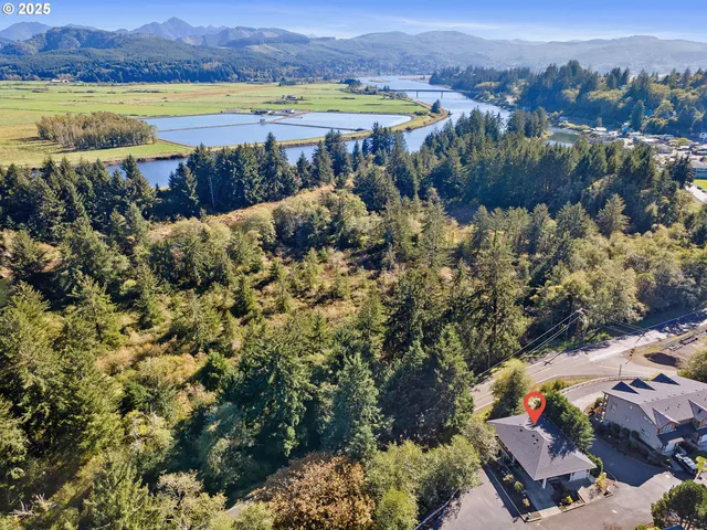 an aerial view of a house with a lake view