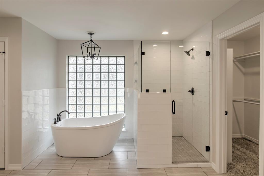 3700 Moseley Road Cross Roads, TX 76227 - Photo 21 of 38 59" Free Standing Soaking Tub, a chandelier, separate walk in shower, with new custom glass enclosure.