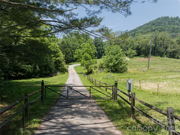 a view of a grassy field with trees in the background