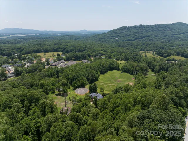 an aerial view of a houses with a lush green hillside