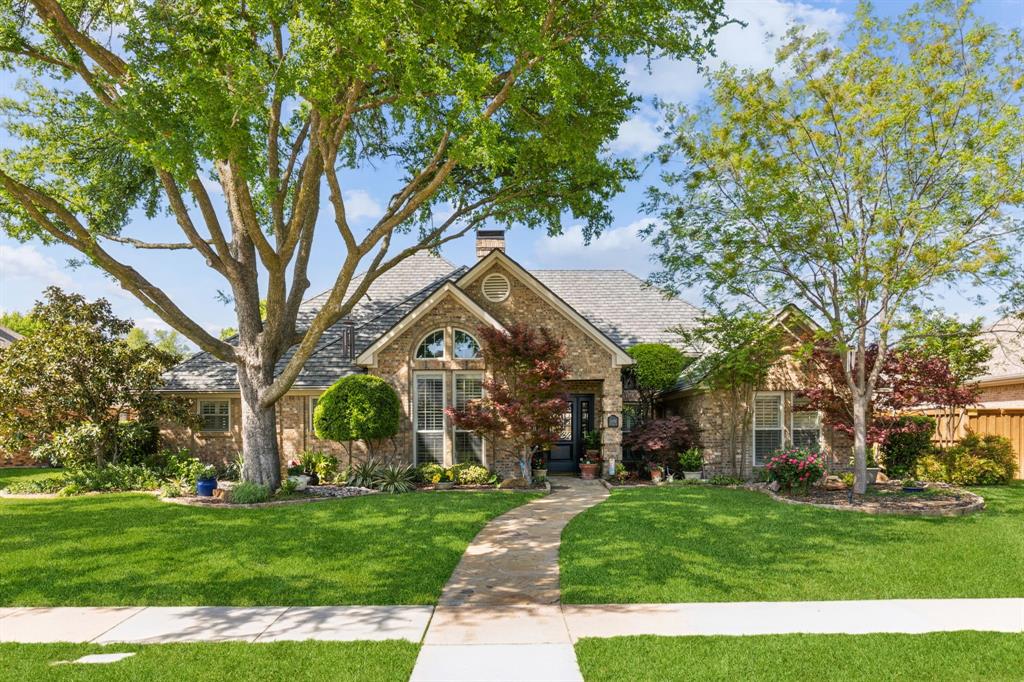 a view of a park with large trees