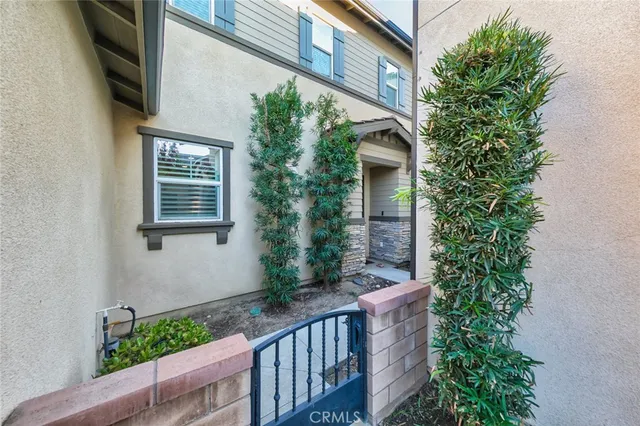 a couple of flower plants in front of a door