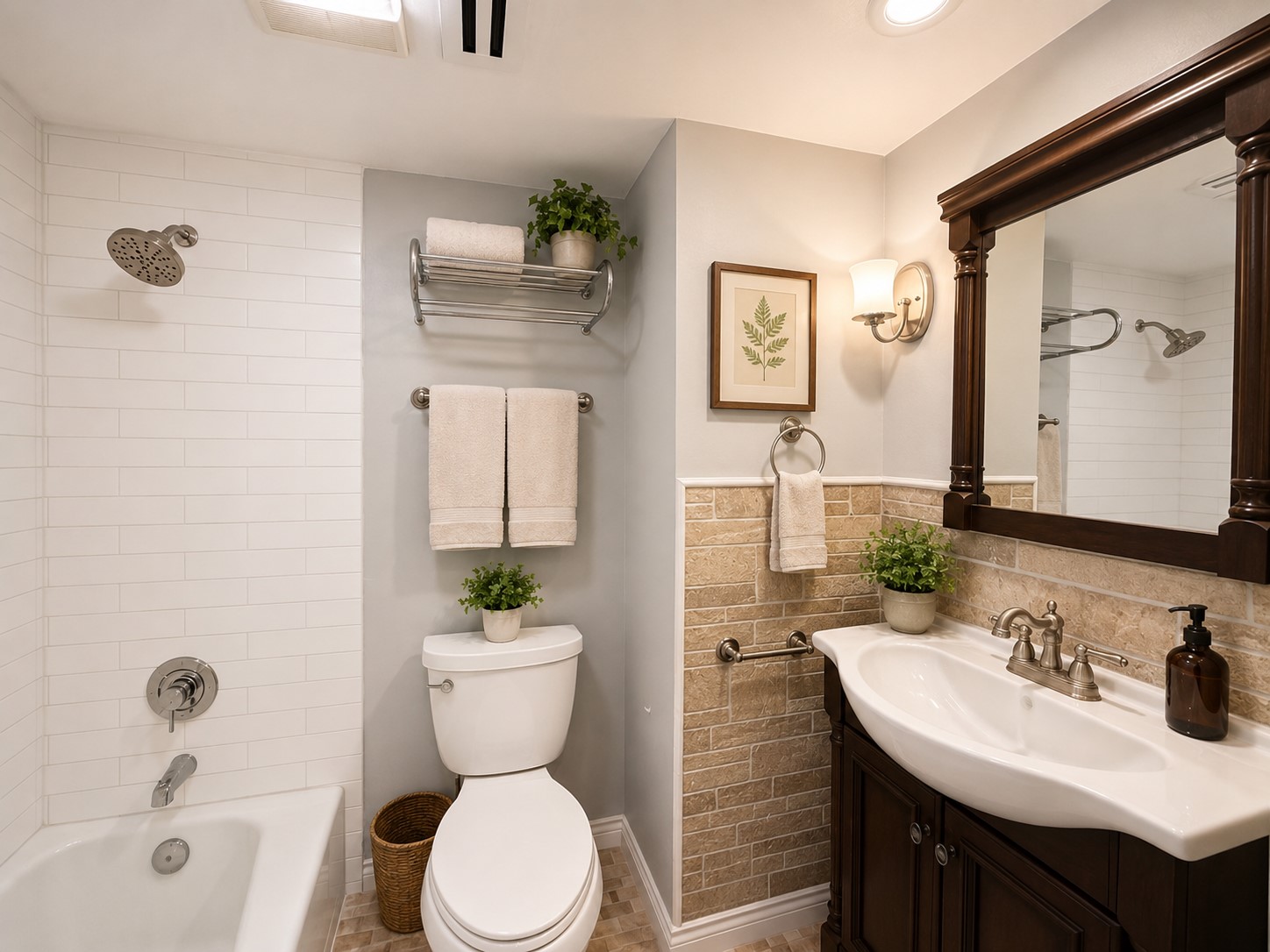 2918 Ranch Road 620 North, Unit C120 Austin, TX 78734 - Photo 16 of 34 Ai Virtual Staging: Upstairs bathroom features a bathtub, toilet, and dark wood vanity with stone tile accents.