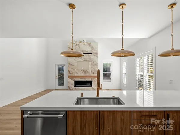 a kitchen with kitchen island a counter space a sink and a wooden floor