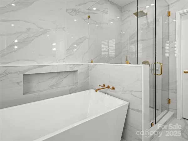a bathroom with a bathtub and a shower