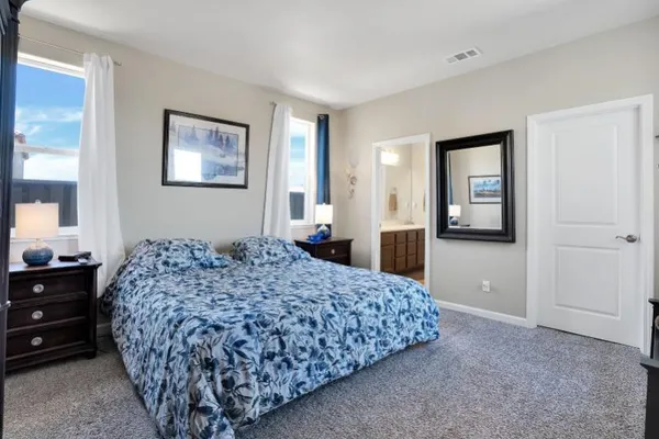 a bedroom with a large bed and a chandelier