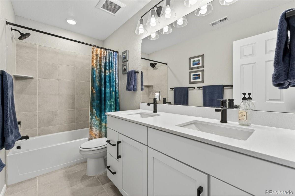 9793 Banner Peak Loop Littleton, CO 80125 - Photo 23 of 42 a bathroom with a sink a toilet a mirror a bathtub and shower