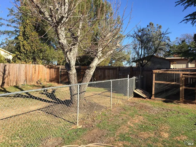 a view of backyard with wooden fence