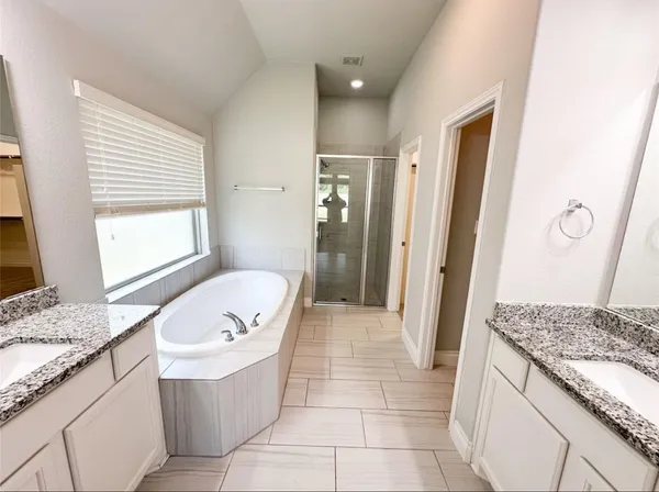 a bathroom with a granite countertop tub sink and mirror