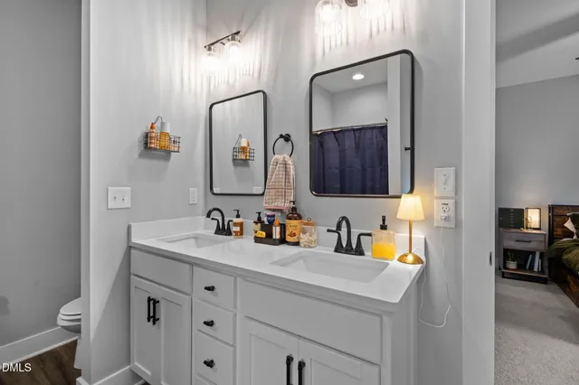 a bathroom with a sink a toilet and a mirror