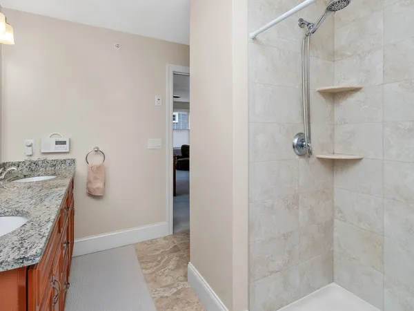 a bathroom with a granite countertop shower a mirror and vanity