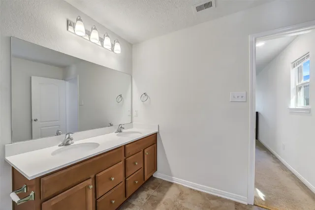 a bathroom with a sink double vanity and a mirror