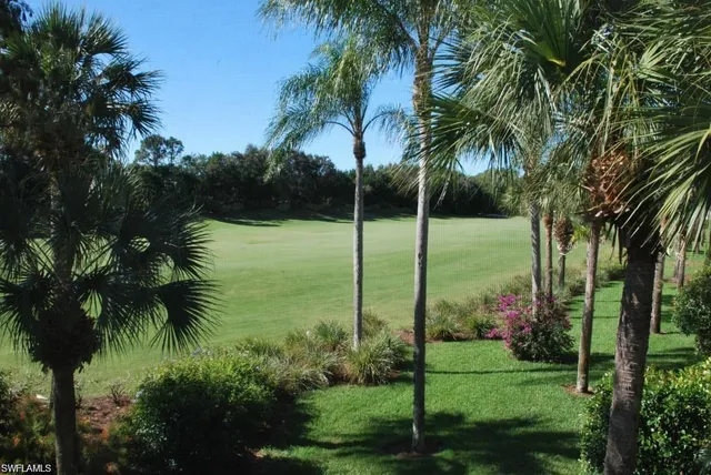 a view of a garden and trees