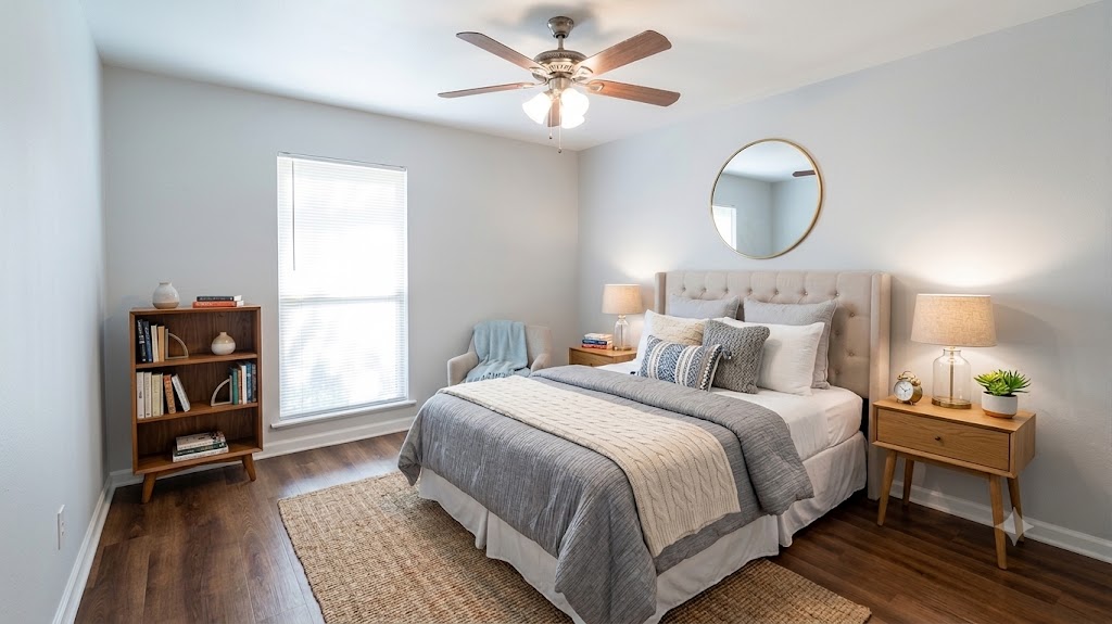 Hardwood flooring and a refreshing ceiling fan create comfort in this inviting bedroom.